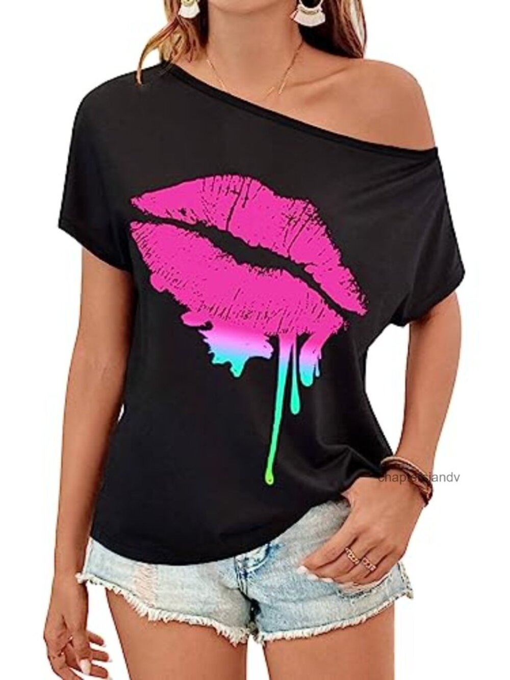 80s Off Shoulder T-Shirt Women Costume Party Top